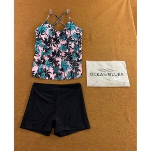 Ocean Blues Womens XL Pink Coconut Tree Black Tankini Set Swimsuit NWT